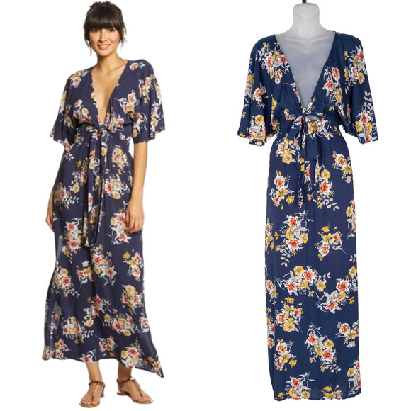 SEAFOLLY Mid Summer Maxi Beach Dress Swim Cover Up Navy Floral Women's Large - Picture 1 of 6